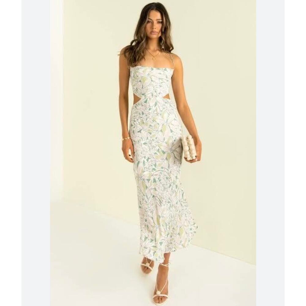 Sundae Muse Aloe Floral Cut Out Tie Back Maxi Dress White Green 10
